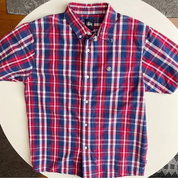 Stussy Men’s Cotton Plaid Short Sleeve Button Down Shirt Size Small - Picture 1 of 8